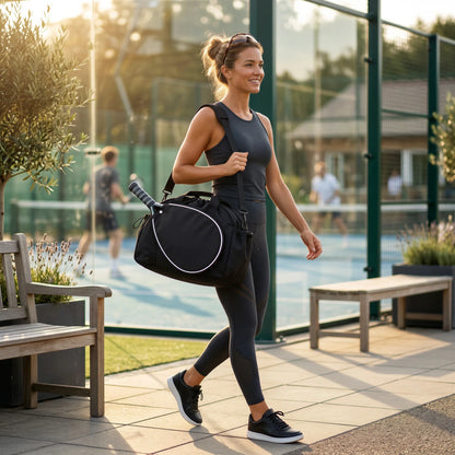 CourtDuet Bag in Court Black worn on the shoulder at a padel club