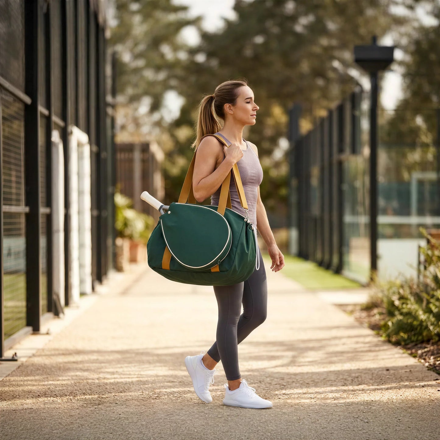 CourtDuet Bag in Court Forest carried on a courtside path